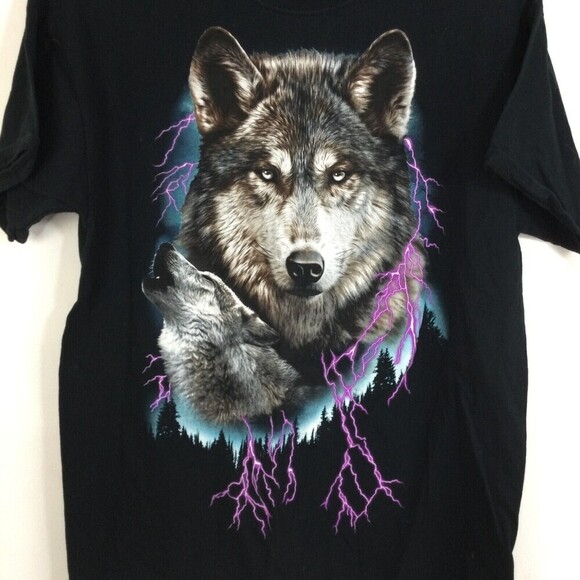 VTG Fruit Of The Loom Mens Retro Wolf Lighting Graphic Tee Shirt Black Large - Picture 3 of 6